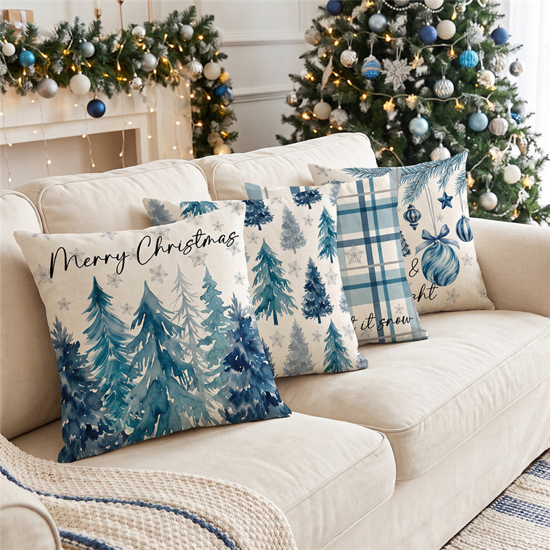 Holiday Cotton-Linen Square Throw Pillow Cover with Watercolor Ornament Illustration and Merry & Bright Script