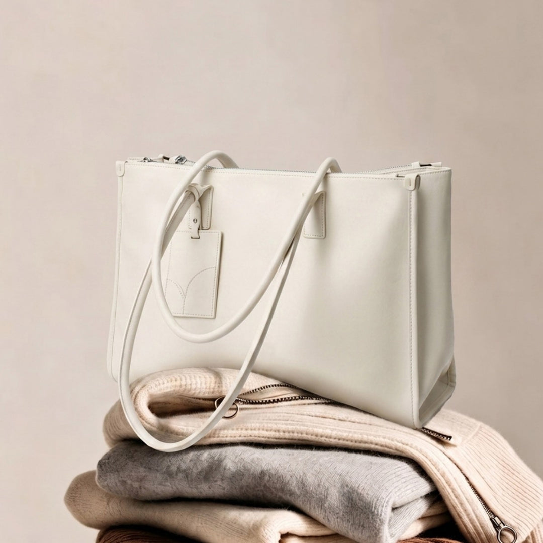 Smooth Vegan Leather Structured Top-Zip Tote with Double Rolled Handles and Luggage Tag