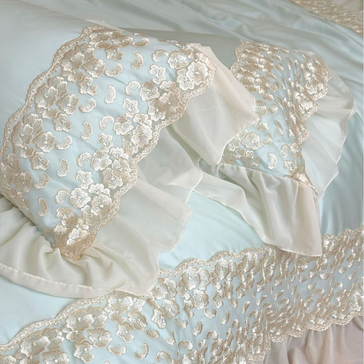 Luxurious lace bedding set with ruffles and frills