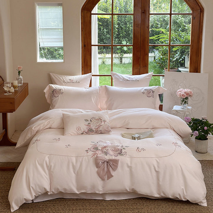 Embroidered Floral Satin Duvet Cover Set with Decorative Bow and Matching Pillow Shams