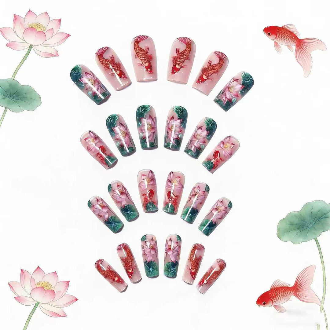 Artificial nails with floral lotus elements and koi pattern Stornfield