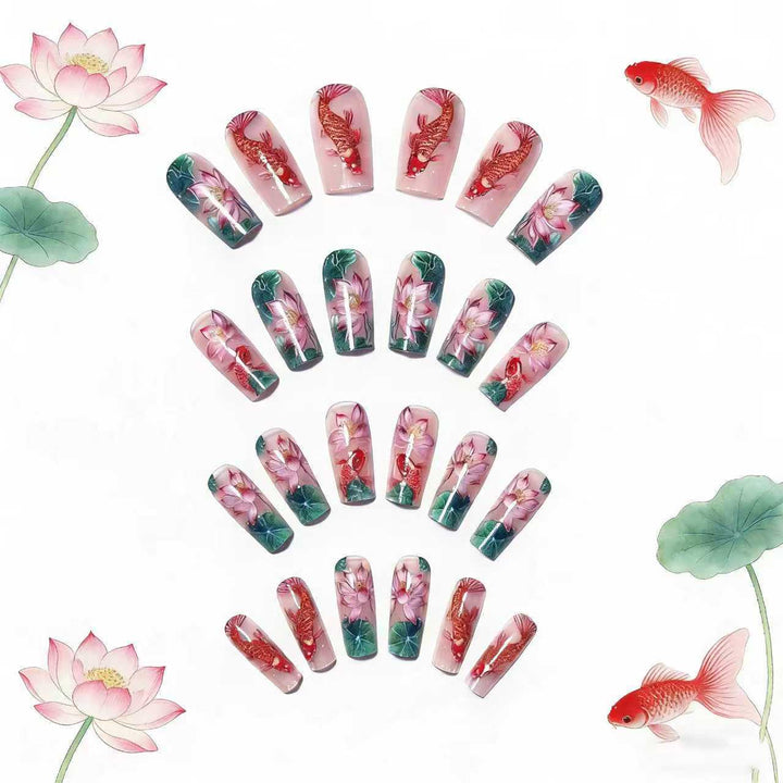 Artificial nails with floral lotus elements and koi pattern Stornfield
