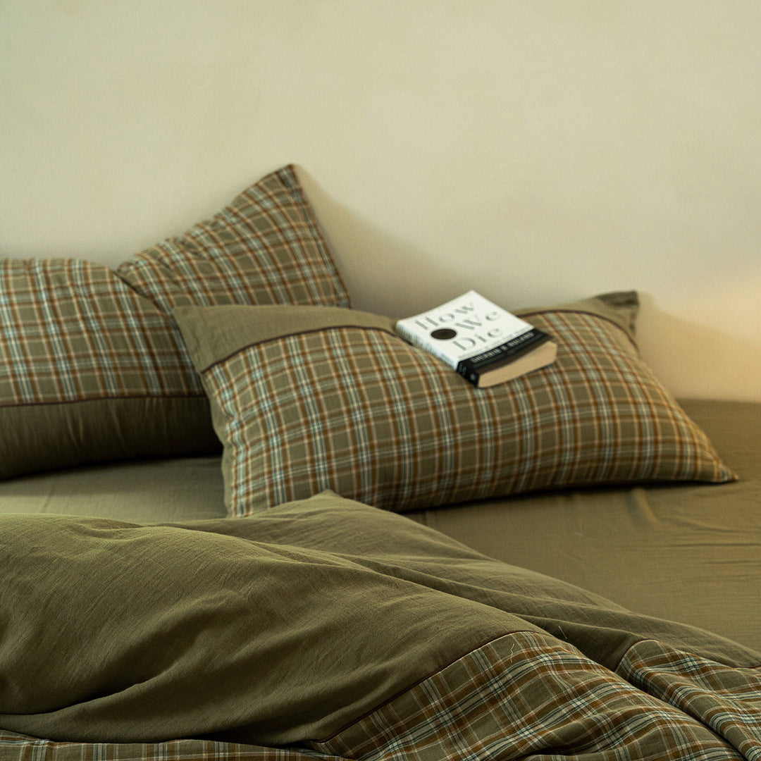 Washed Linen-Cotton Duvet Cover Set with Plaid Accent Pillow Shams