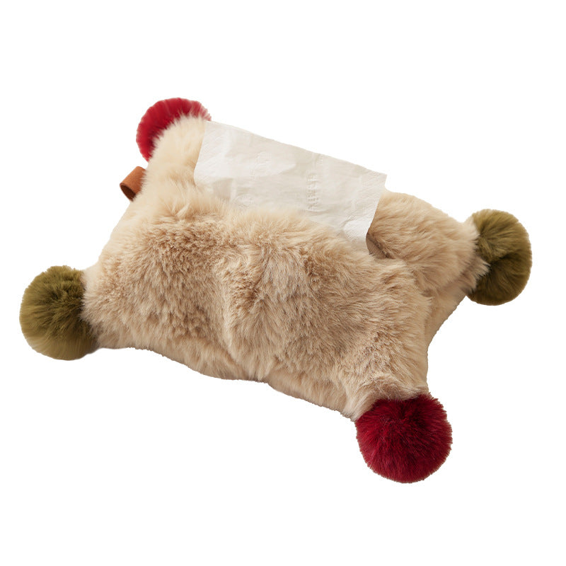 Handy tissue storage made of faux fur with leather handle and pompom