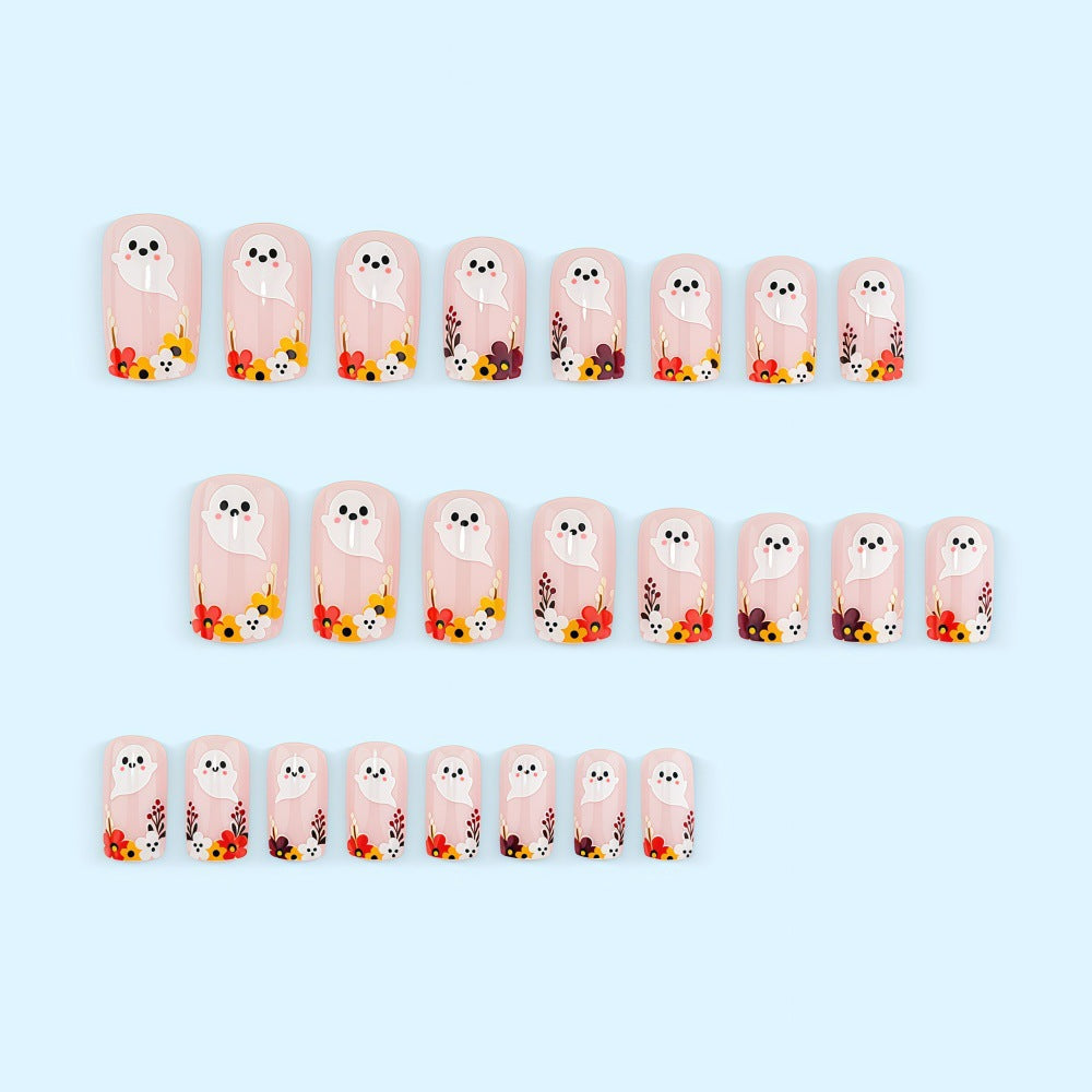 Artificial nails with ghost motif and flower accents Stornfield