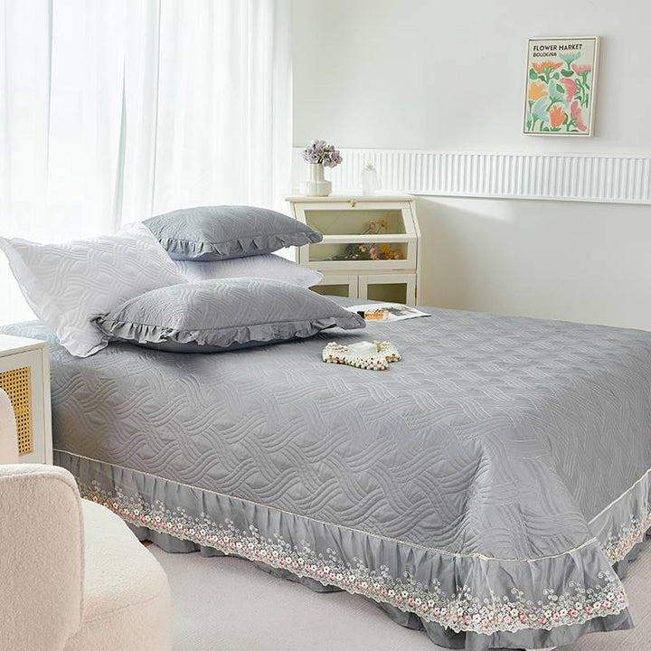 Quilted Ruffled Bedspread Set with Floral Embroidered Skirt and Pillow Shams