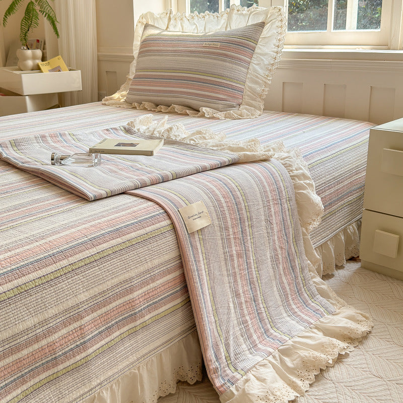 Ruffled Eyelet Lace Striped Cotton Duvet Cover Set with Frilled Pillow Shams