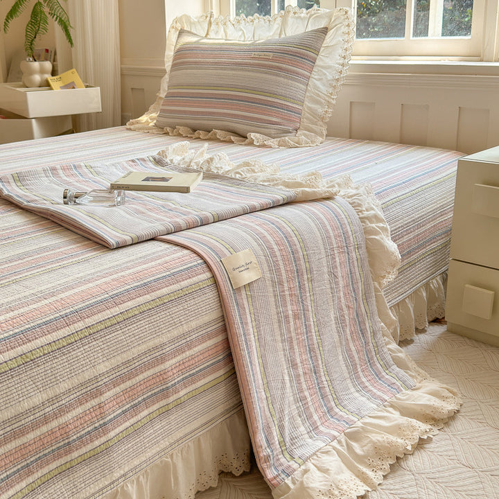 Ruffled Eyelet Lace Striped Cotton Duvet Cover Set with Frilled Pillow Shams