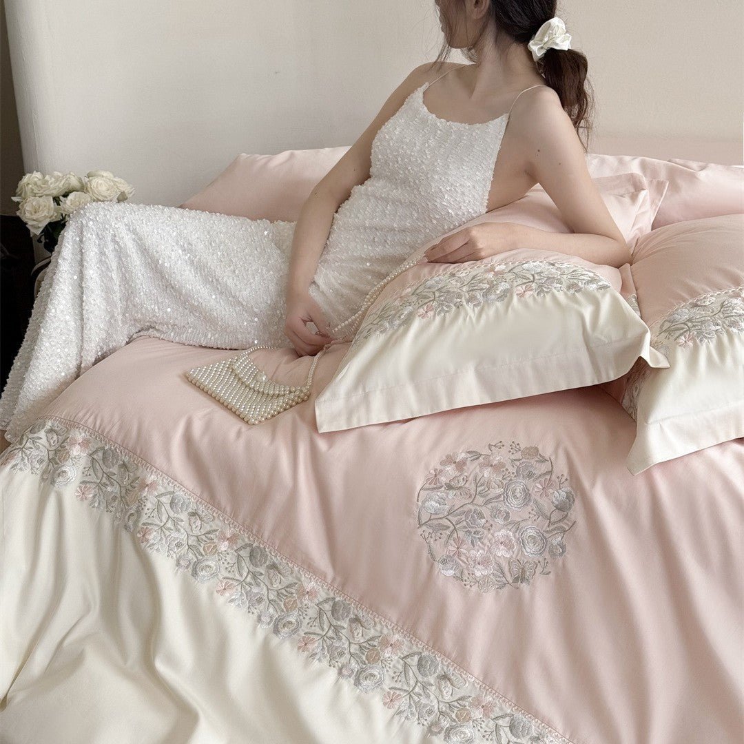 Embroidered Floral Luxury Duvet Cover Set with Lace-Trim Pillow Shams