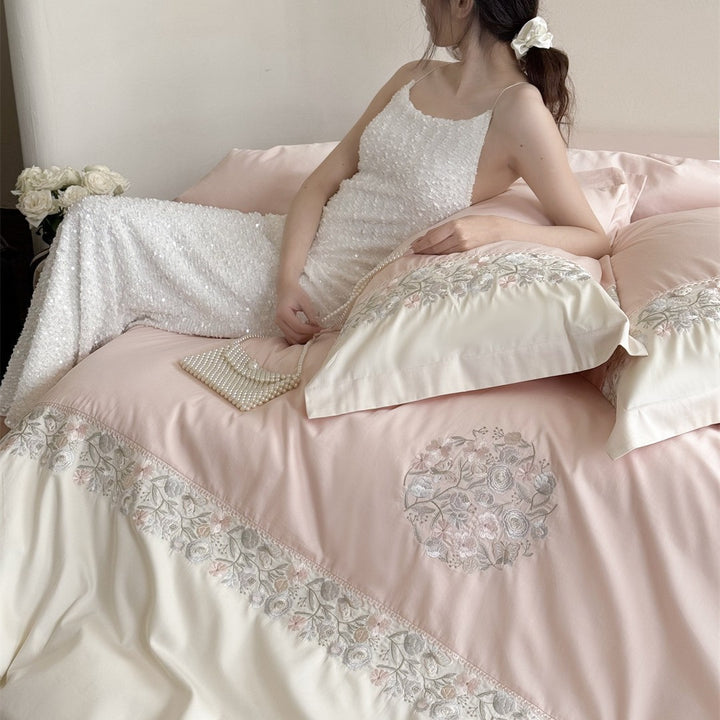 Embroidered Floral Luxury Duvet Cover Set with Lace-Trim Pillow Shams