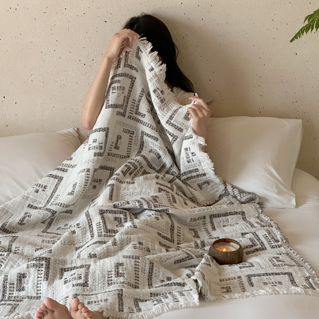 Decorative Woven Cotton Throw Blanket with Geometric Handloom Texture and Fringed Edges