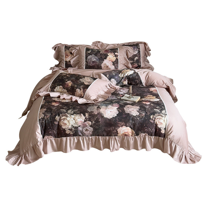 Antique Watercolor Panel Ruffled Duvet Cover Set with Frilled Pillow Shams