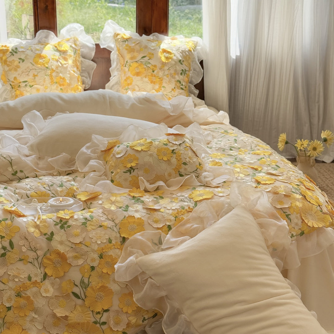 Embroidered Floral Organza Ruffle Duvet Cover Bedding Set