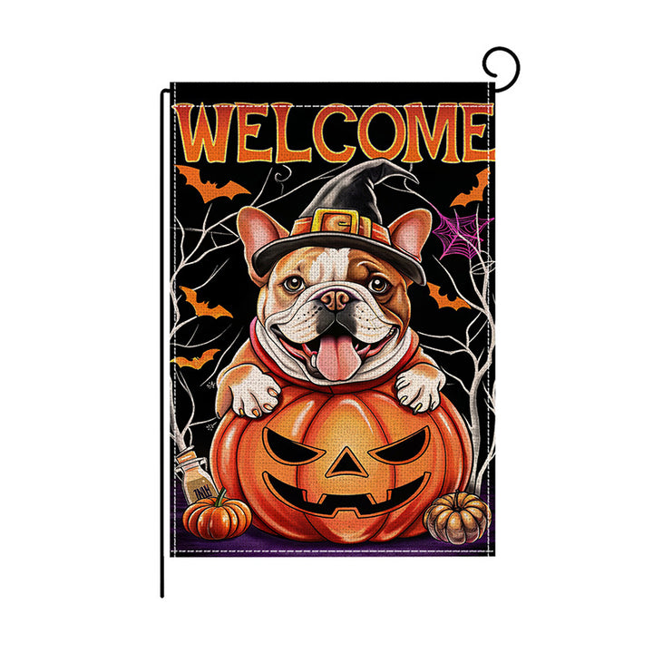 Decorative Double-Sided Halloween Garden Flag with Skeleton Pumpkin and Rose Illustration