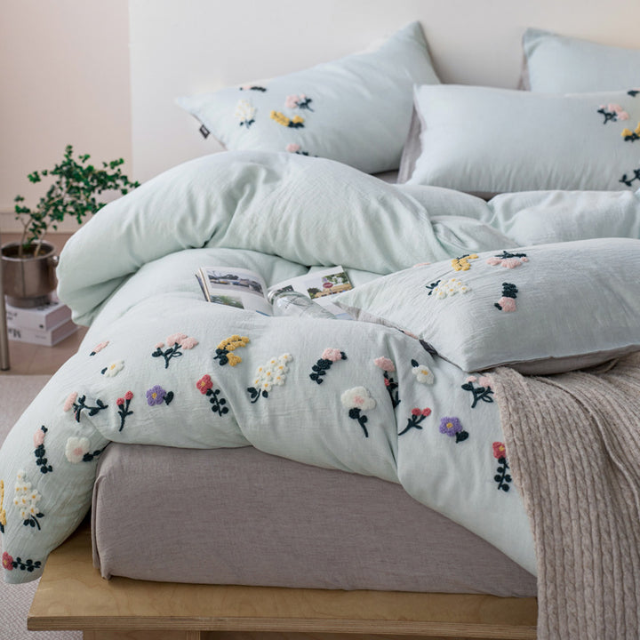 Hand-Tufted Floral Appliqué Linen Duvet Cover and Pillow Sham Set