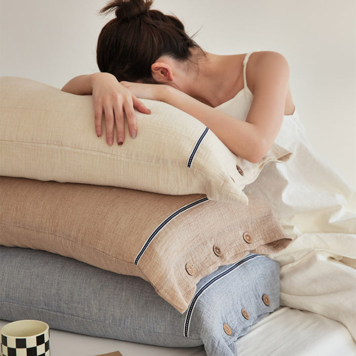 Crinkled Cotton Gauze Duvet Cover & Button-Closure Pillowcase Set with Decorative Metal Buttons and Contrast Tape Trim