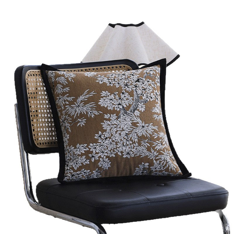 Square embroidered cushion cover made of cotton-linen blend with floral jacquard texture and velvet piping Stornfield