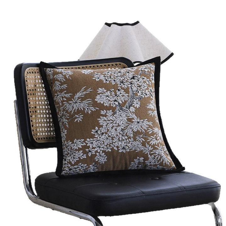 Square embroidered cushion cover made of cotton-linen blend with floral jacquard texture and velvet piping Stornfield