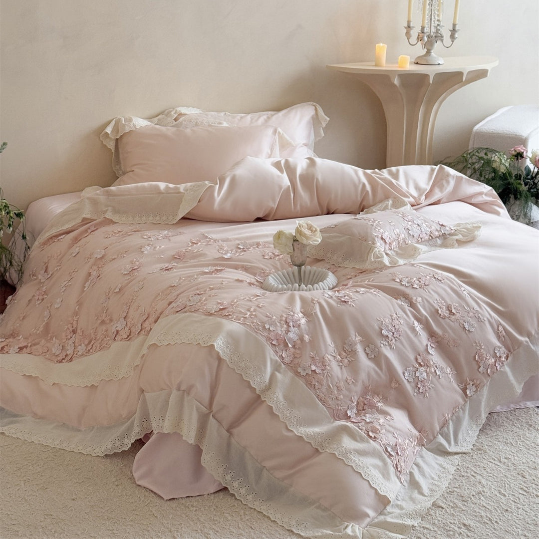 Romantic Embroidered Floral Ruffled Duvet Cover Set