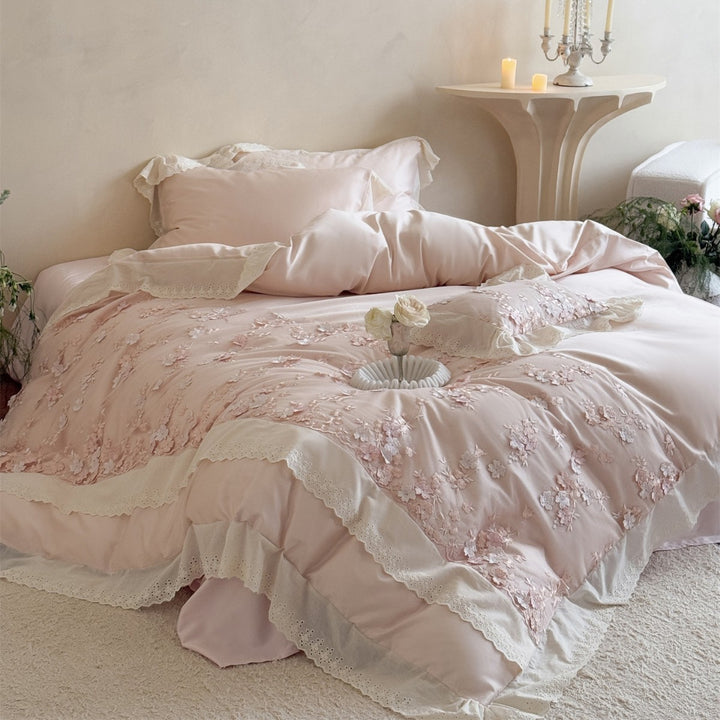 Romantic Embroidered Floral Ruffled Duvet Cover Set