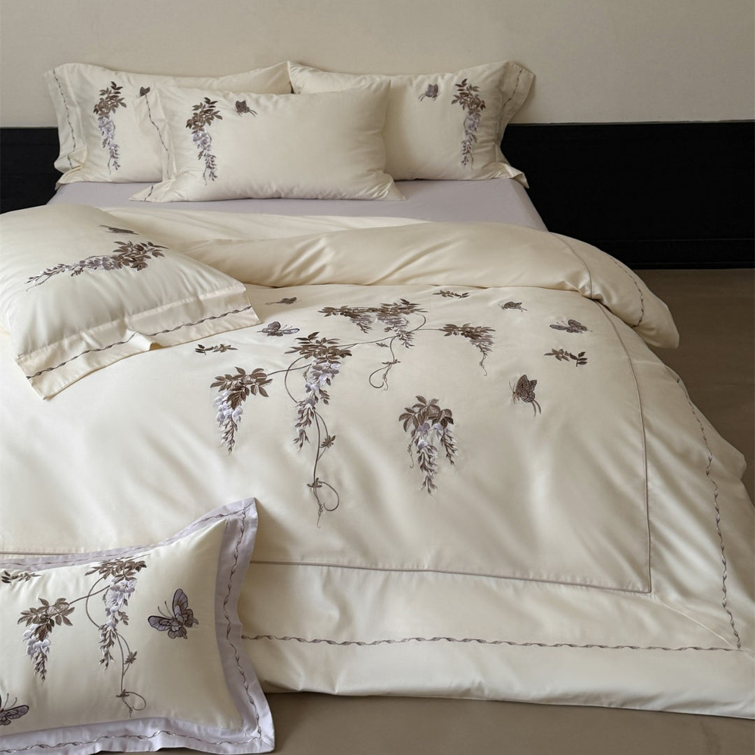 Embroidered Wisteria and Butterfly Cotton Sateen Duvet Cover Set with Piped Edge
