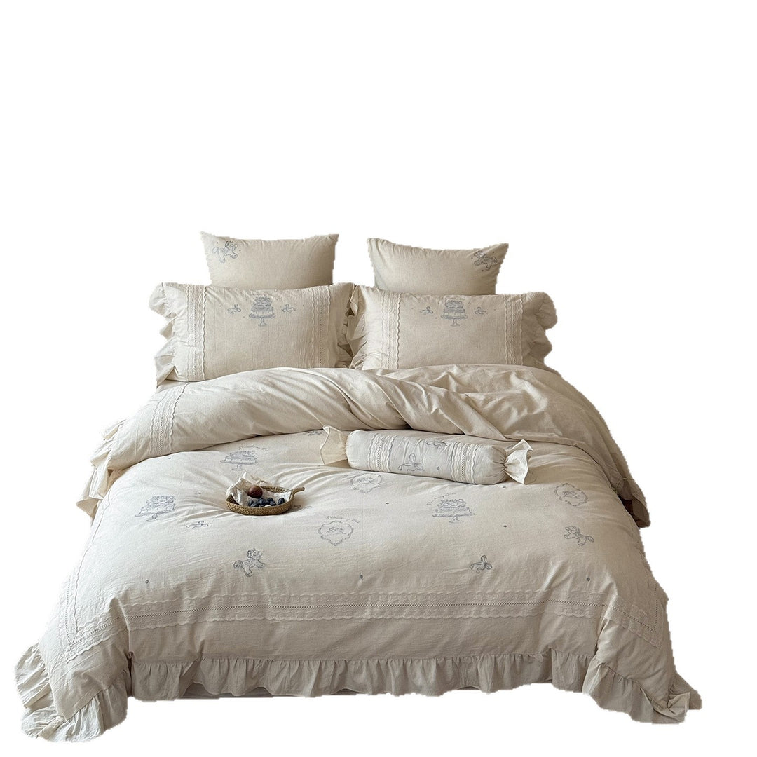 Embroidered Linen Ruffled Duvet Cover Set with Lace Trim and Decorative Bolster
