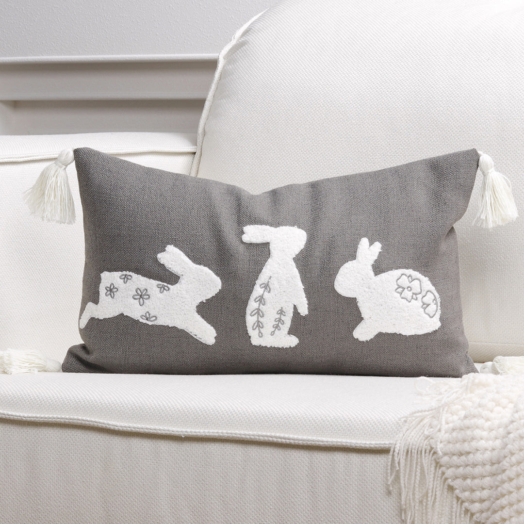 Embroidered Bunny Appliqué Tassel Lumbar Pillow Cover