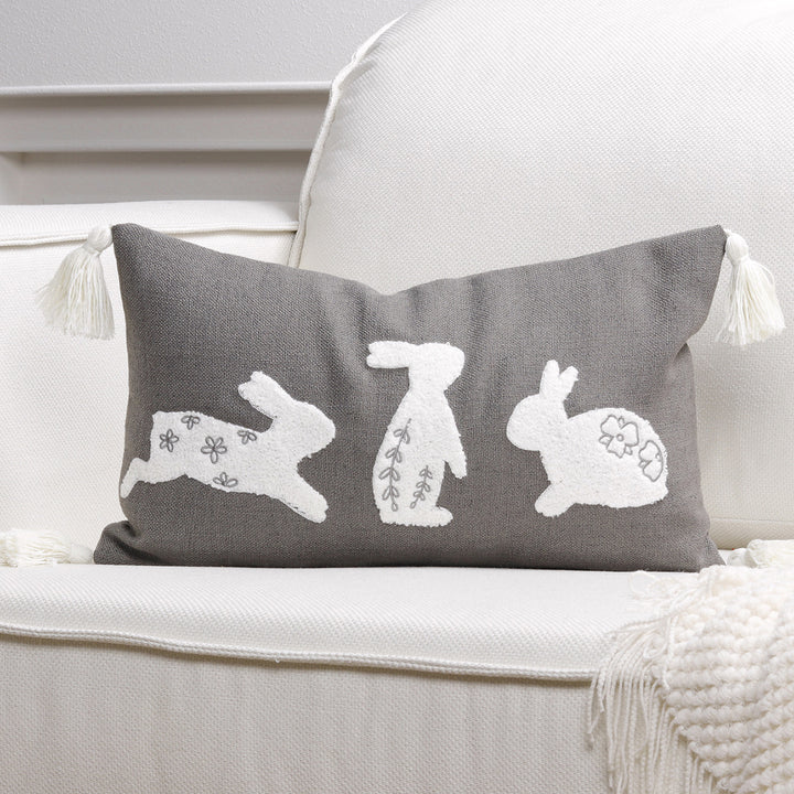 Embroidered Bunny Appliqué Tassel Lumbar Pillow Cover