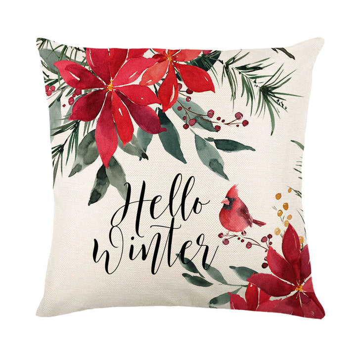 Holiday Linen Throw Pillow Cover with Merry Bright Script and Ribbon Bow Accent