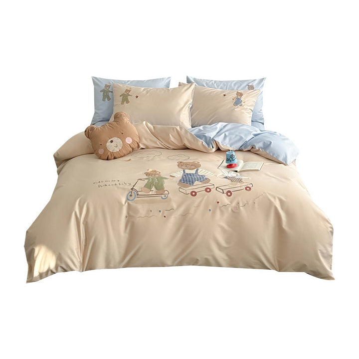Children's Embroidered Cotton Duvet Cover Set with Playful Bear & Bunny Appliqué