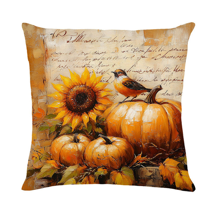 Autumn Harvest Sunflower & Pumpkin Linen-Texture Square Throw Pillow Cover with Hidden Zipper