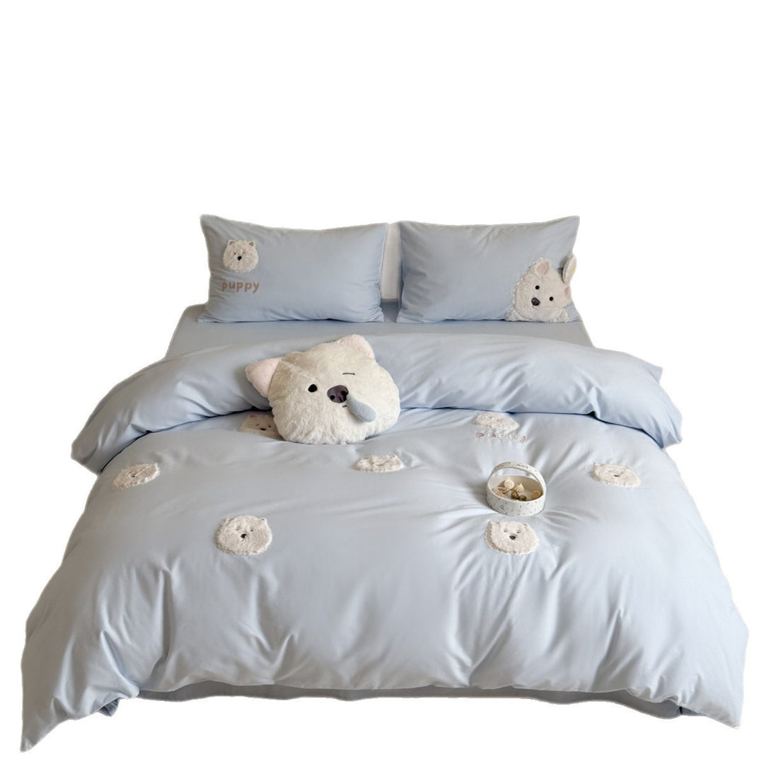 Plush Appliqué Puppy Duvet Cover Set with Cotton Sateen & Pillow Shams