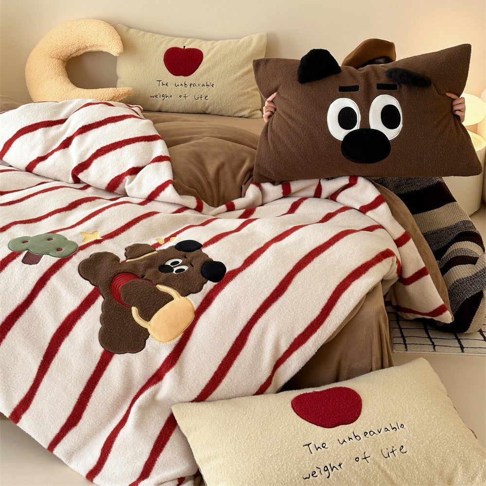 Plush Reversible Striped Duvet Cover Set with Embroidered Cartoon Appliqué