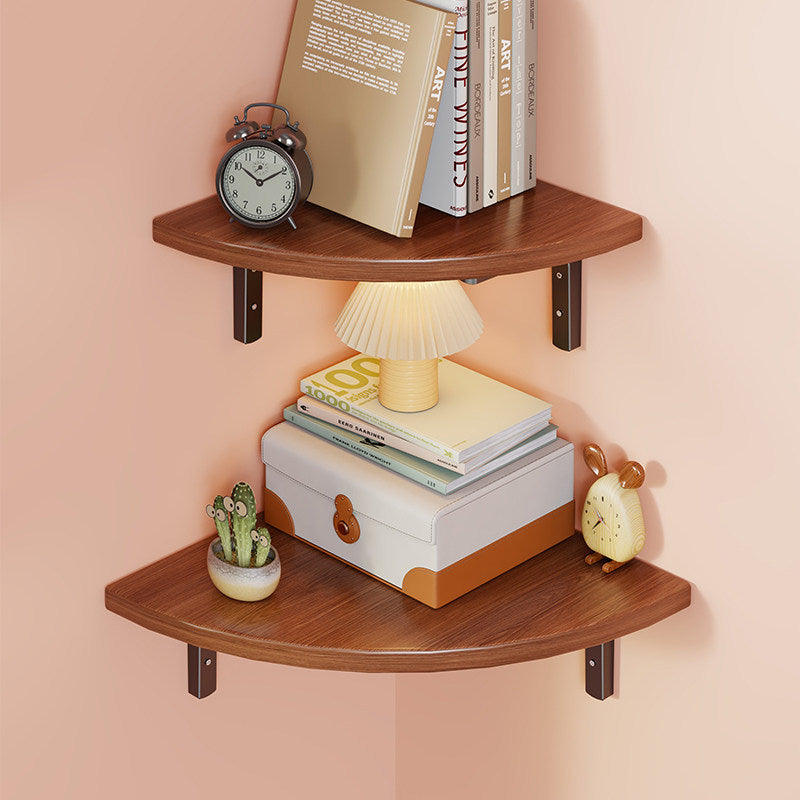 Corner Wall-Mounted Floating Shelf with Rounded Triangular Solid Wood Top and Metal Support Brackets