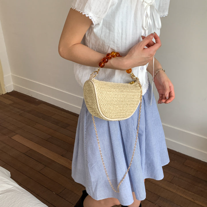 Stylish Woven Handbag with Beaded Handle Stornfield