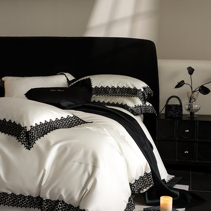 Luxurious satin bedding set with fine lace trim