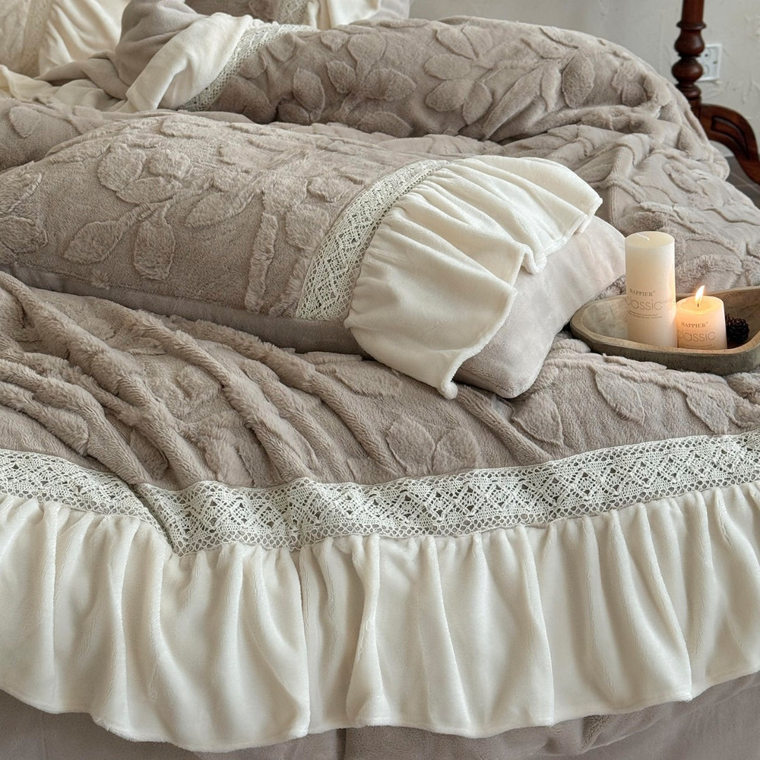 Plush Botanical Relief Duvet Cover & Ruffled Skirt Bedding Set