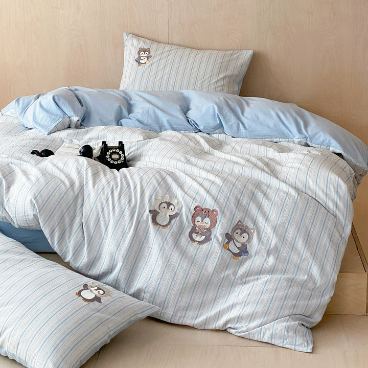 Striped Cotton Duvet Cover Set with Appliqué Cartoon Animal Embroidery