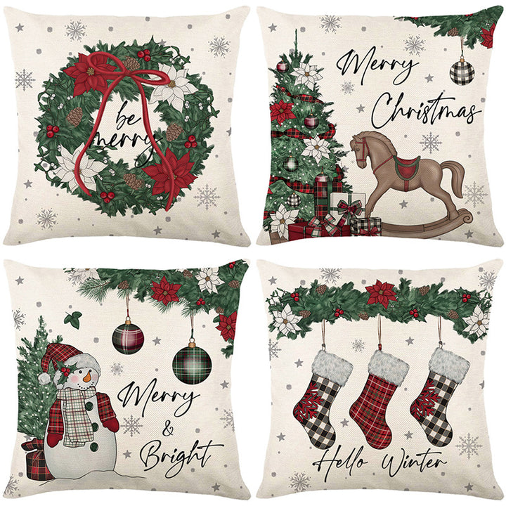 Festive Christmas Wreath Linen-Texture Throw Pillow Cover with 'Be Merry' Script and Hidden Zipper