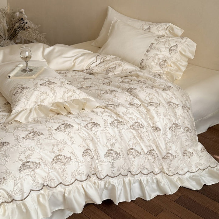 Embroidered Floral Ruffled Scalloped-Edge Duvet Cover Ensemble with Satin Trim
