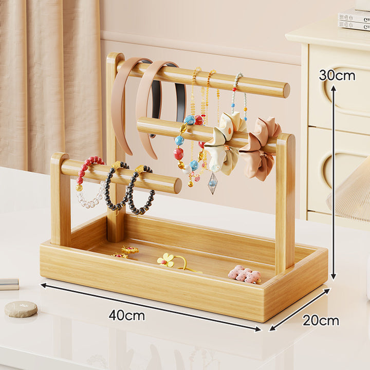 Multi-Level Wooden Jewelry Organizer Stand with Tray and Rod Display