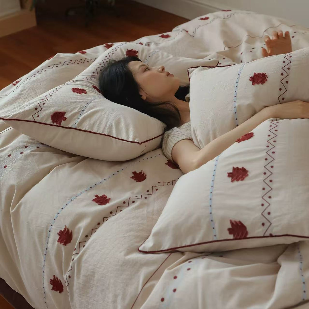 Botanical Embroidered Cotton Sateen Duvet Cover Set with Reversible Lined Pillowcases