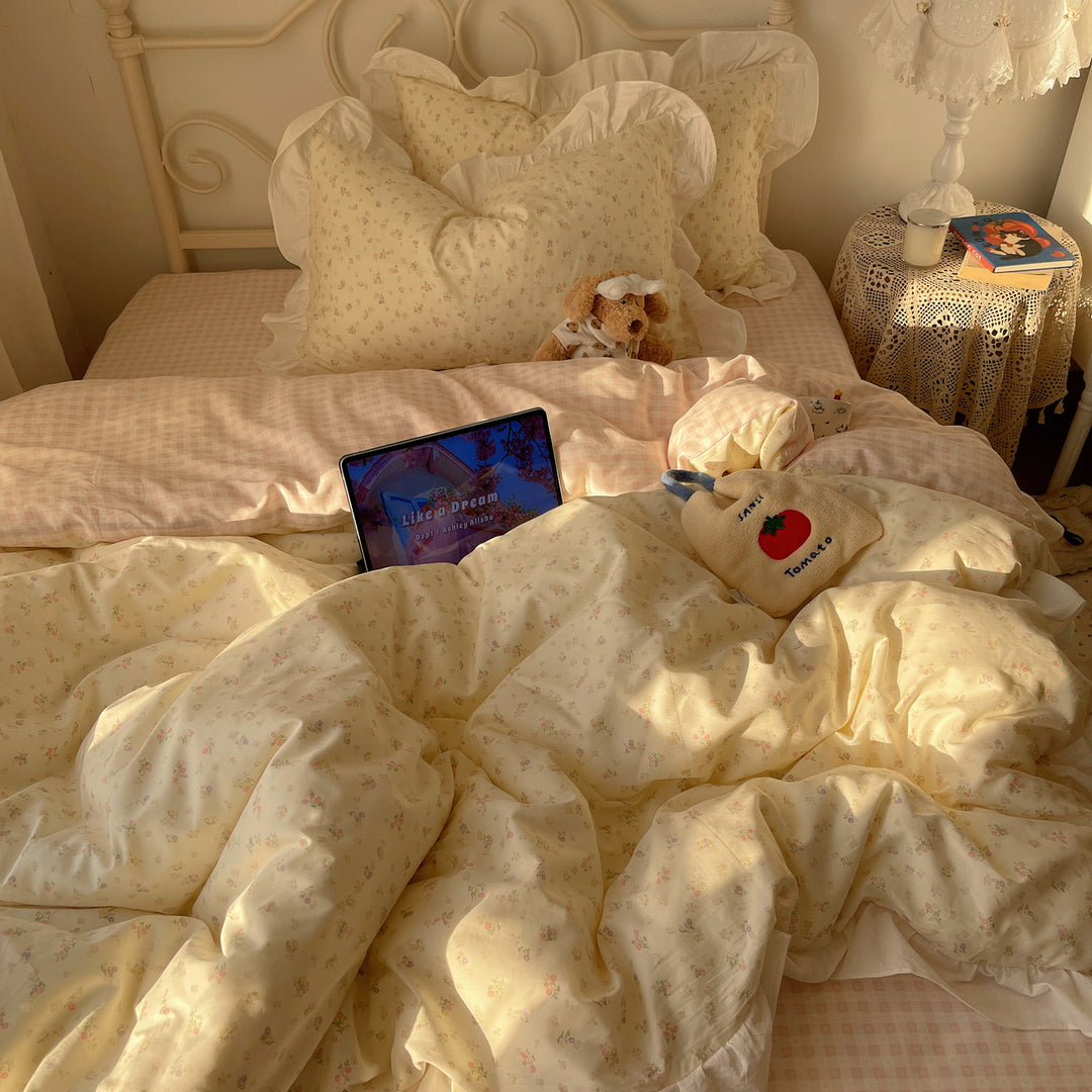 Romantic cotton satin bedding set with ruffled frills and fine floral pattern