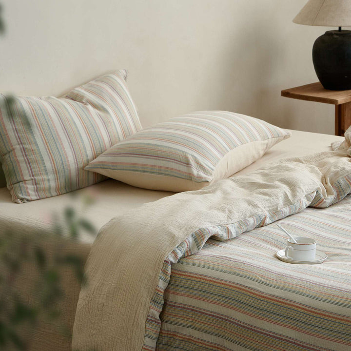 Breathable Striped Cotton-Linen Quilt and Pillowcase Bedding Set