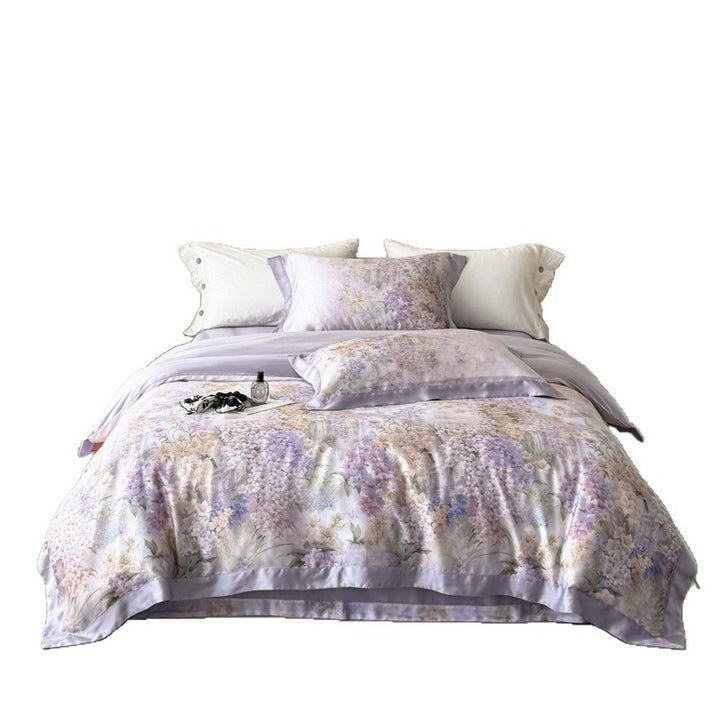 Luxurious satin bedding set with lilac flower print and silky piping