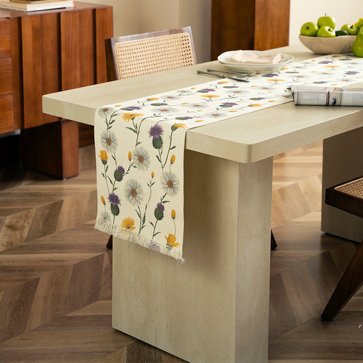 Woven table runner with floral meadow flowers jacquard and fringes Stornfield
