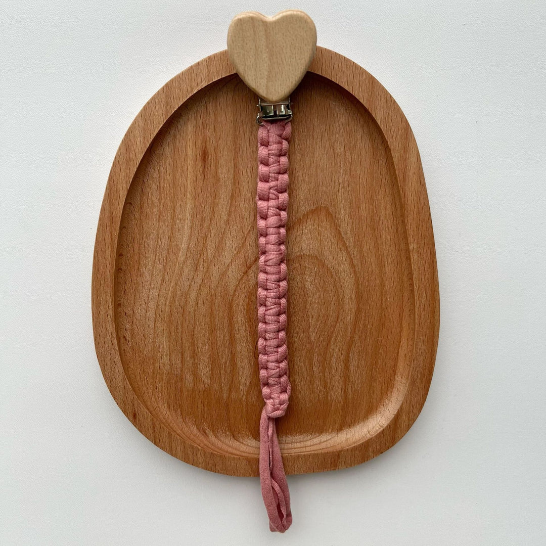 Braided Fabric Pacifier Clip with Wooden Heart Safety Clamp