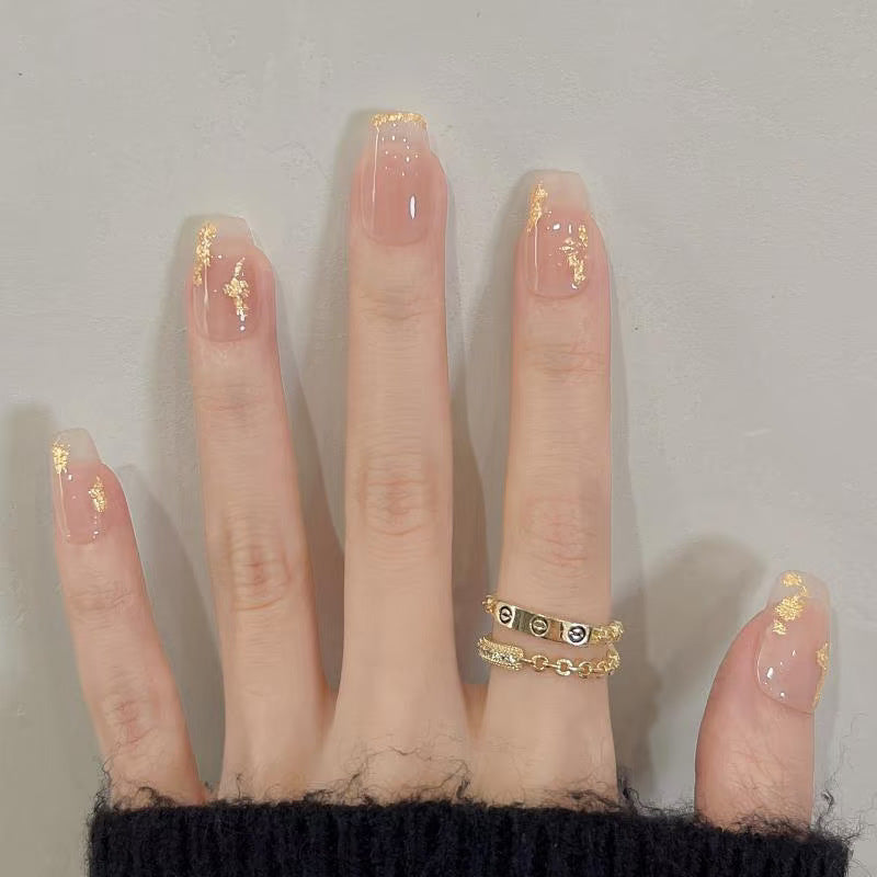 Decorative Press-On Nail Art Set with Golden Accents