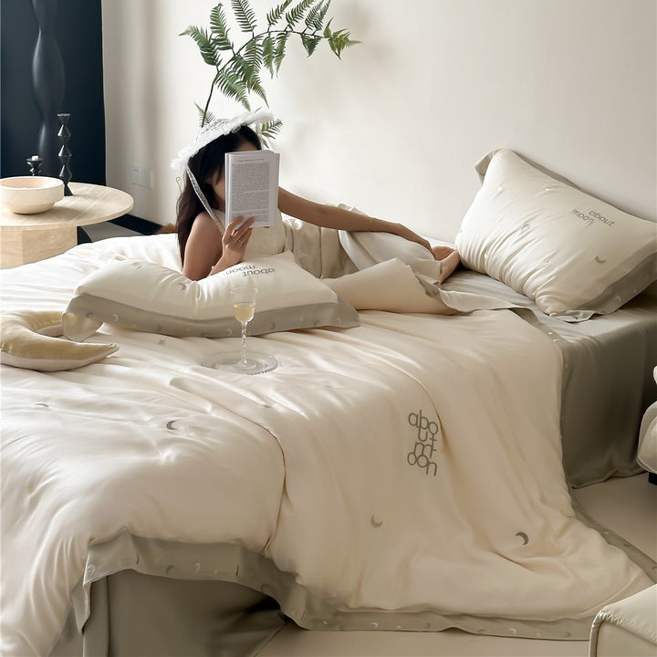 Silky Sateen Crescent-Motif Duvet Cover Set with Embroidered Moon and Reversible Back