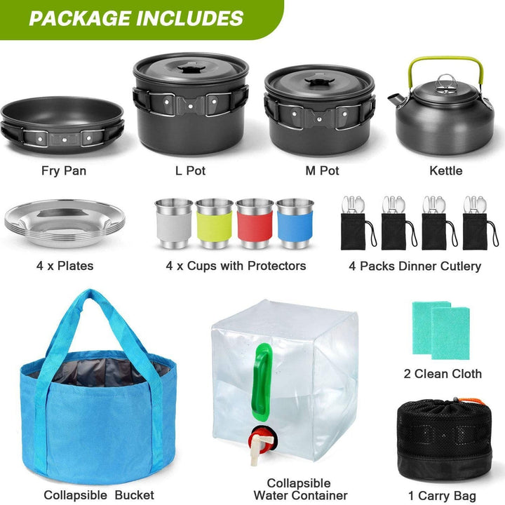 compact nesting anodized aluminum camping cookware kit with kettle nonstick pots frying pan foldable wash basin stainless steel plates cups Stornfield